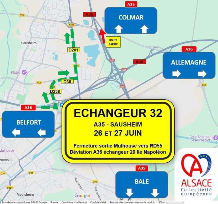 Travaux A35 Sausheim : Déviation par A36 Ile Napoléon