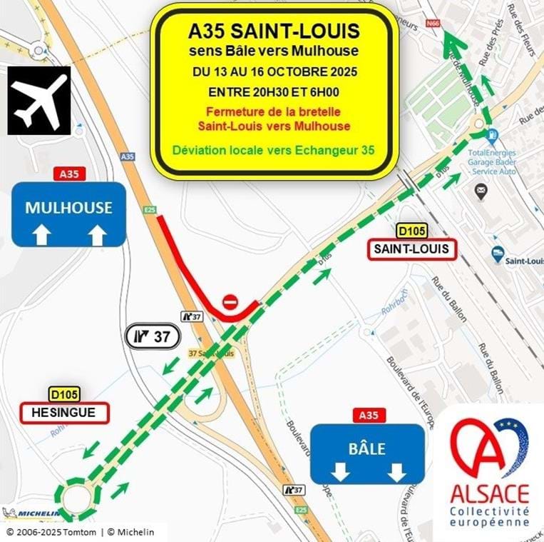 Fermeture de la bretelle Saint-Louis vers Mulhouse